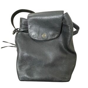 Tory Burch Black Pebbled Leather Drawstring Backpack Gold Logo Medallion Bag